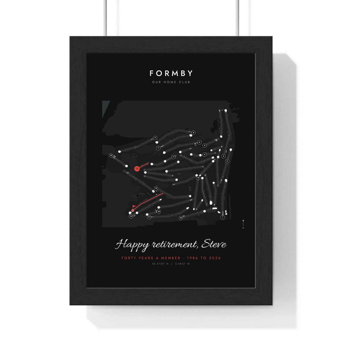 Personalised Golf Course Map Print - framed black links course map for a retirement