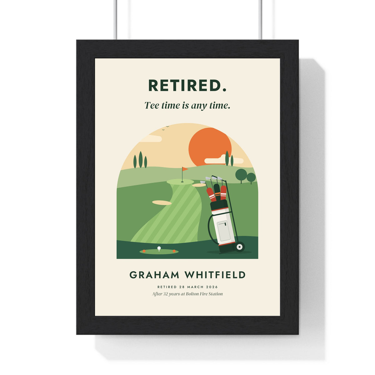 Personalised Golf Retirement Print - framed golf retirement print with a sunny fairway and bag on a trolley