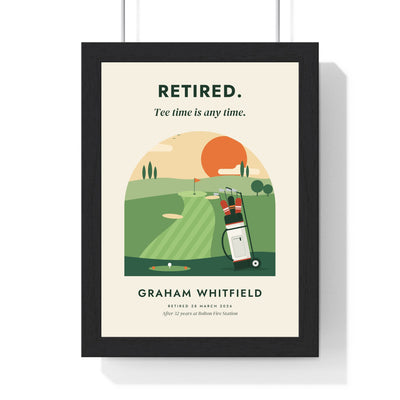 Personalised Golf Retirement Print - framed golf retirement print with a sunny fairway and bag on a trolley