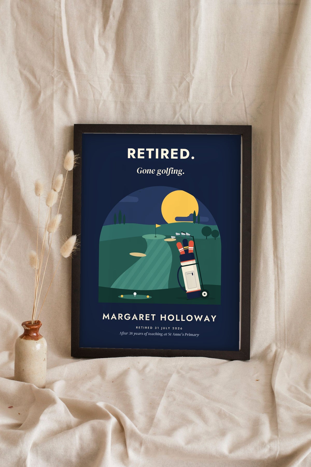 Personalised Golf Retirement Print - evening navy version for a retiring teacher