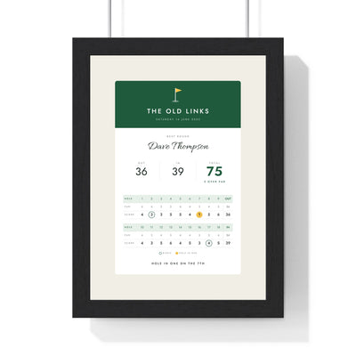 Personalised Golf Scorecard Print - framed golf scorecard print with a green header and a hole in one