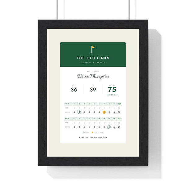 Personalised Golf Scorecard Print - framed golf scorecard print with a green header and a hole in one