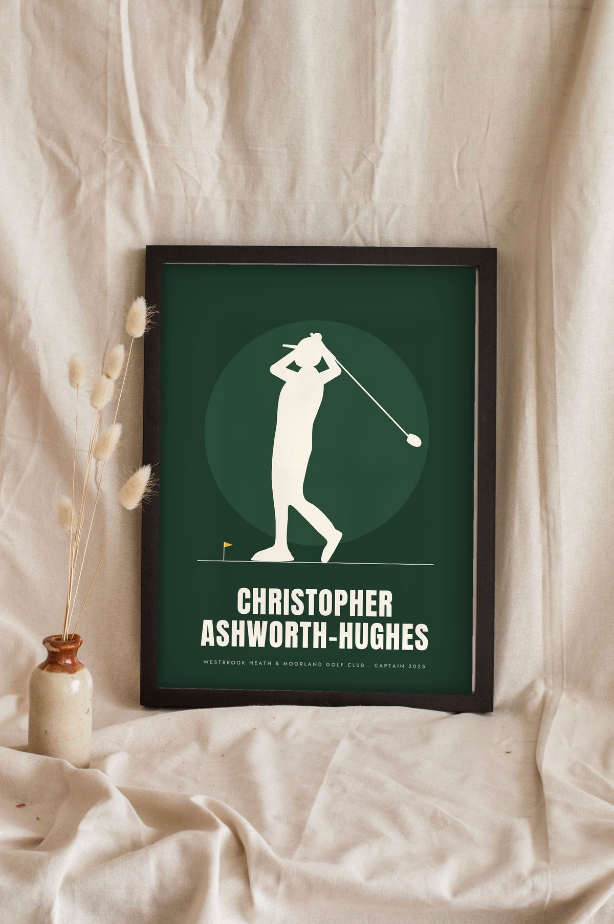 Personalised Golfer Print - forest green golfer print leaning on a shelf