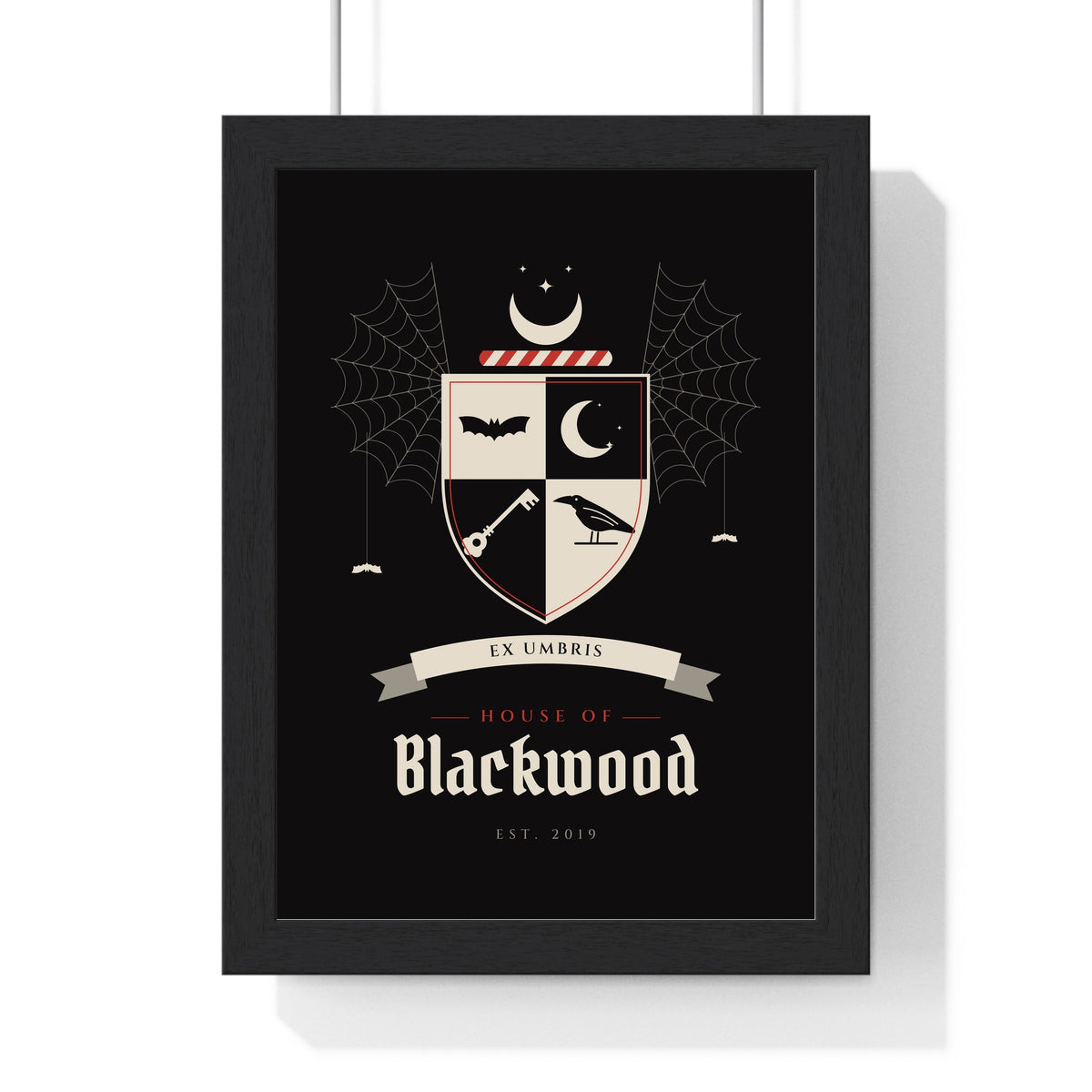 Personalised Gothic Family Crest Print - framed black and red version