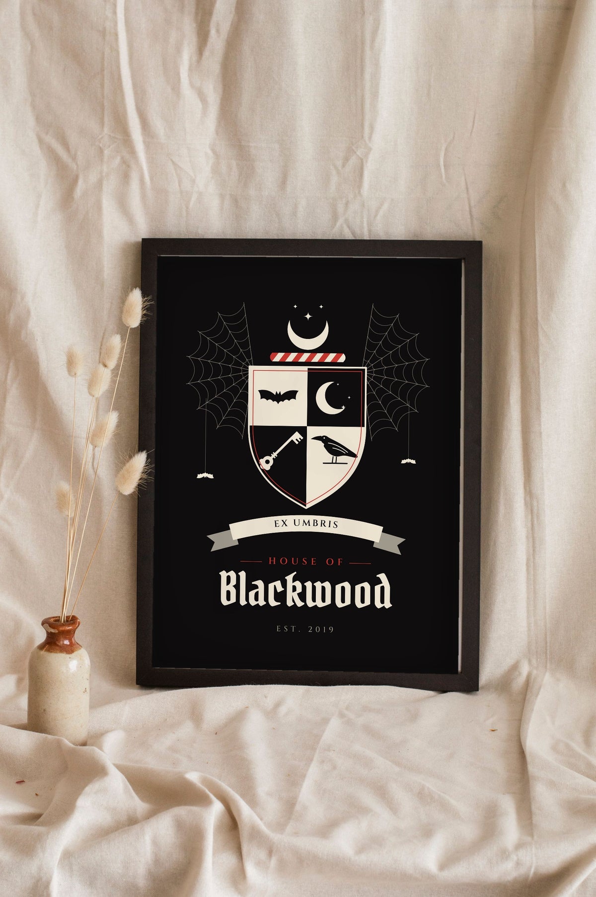 Personalised Gothic Family Crest Print - black and red House of Blackwood crest print