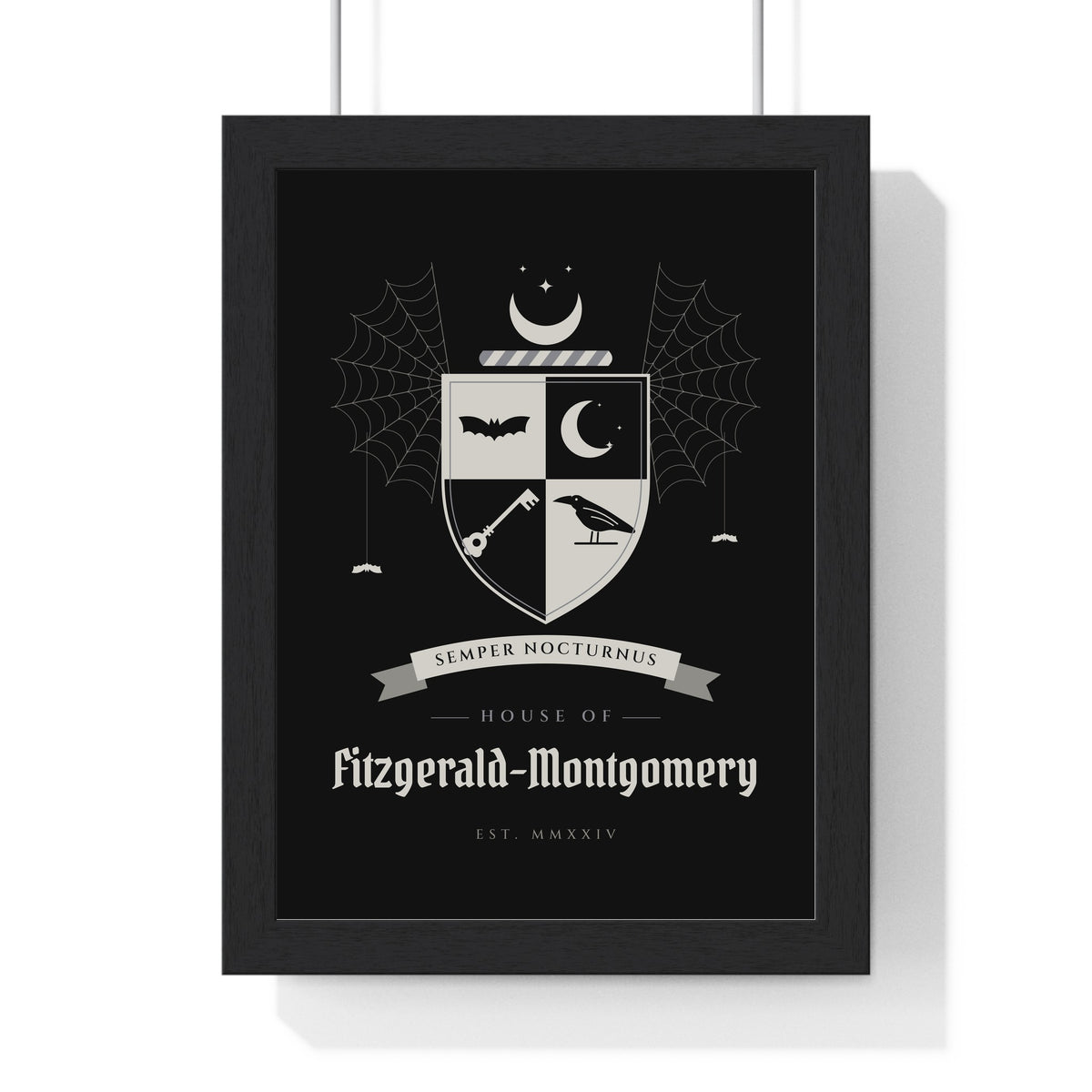 Personalised Gothic Family Crest Print - framed black and silver version with a long name