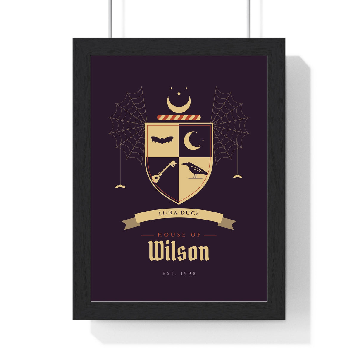 Personalised Gothic Family Crest Print - framed plum and gold House of Wilson version