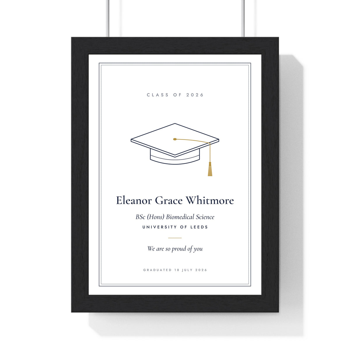 Personalised Graduation Print - framed white and navy graduation print for a Leeds biomedical science graduate