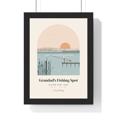 Personalised Grandad's Fishing Spot Print - framed Grandad's Fishing Spot print with a misty lake and peg 14
