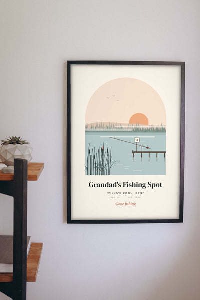 Personalised Grandad's Fishing Spot Print - on the study wall