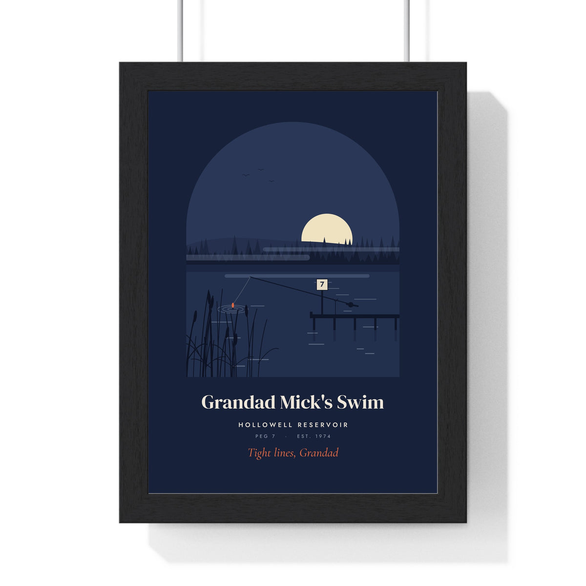 Personalised Grandad's Fishing Spot Print - framed dusk Grandad Mick's Swim version