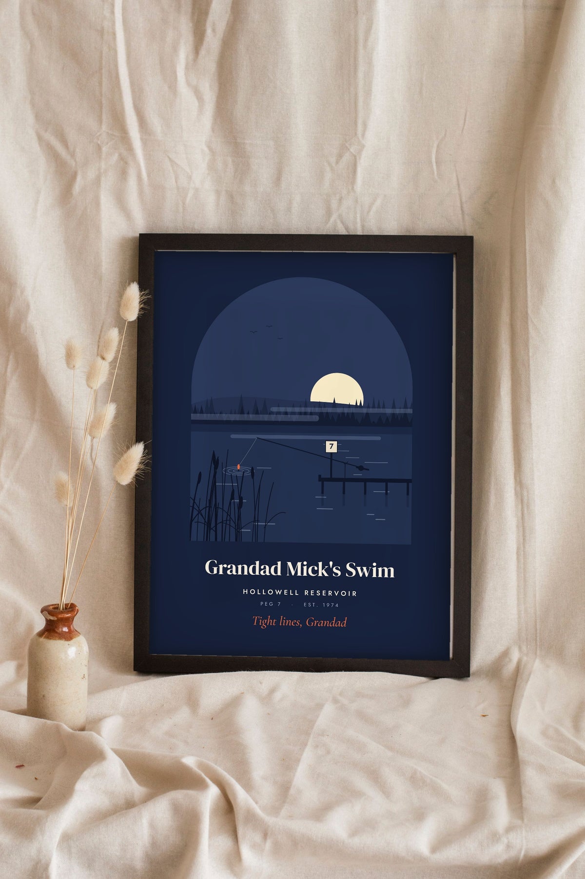 Personalised Grandad's Fishing Spot Print - navy dusk version with the moon over the reservoir
