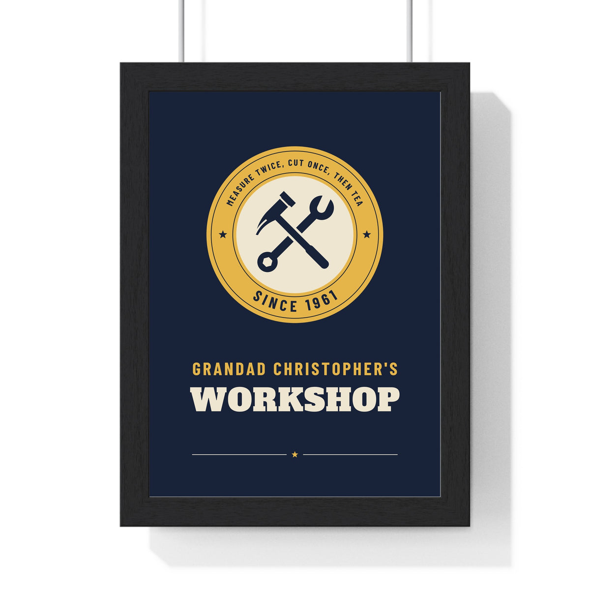 Personalised Grandad's Shed Print - navy and mustard workshop version