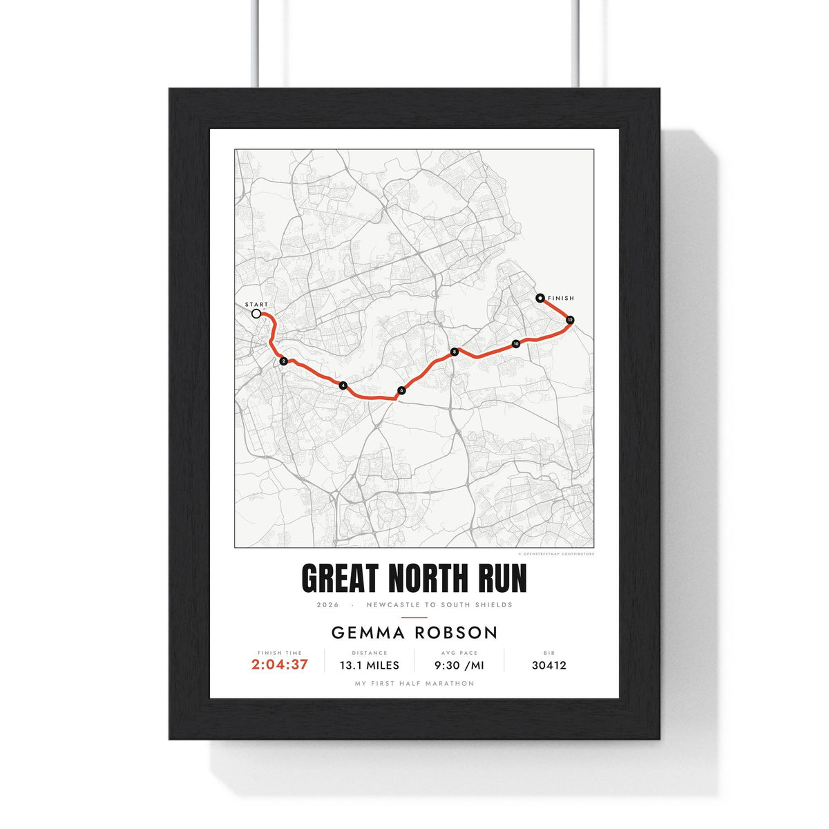 Personalised Great North Run Print - framed street map Great North Run route print with name and finish time