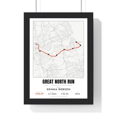 Personalised Great North Run Print - framed street map Great North Run route print with name and finish time