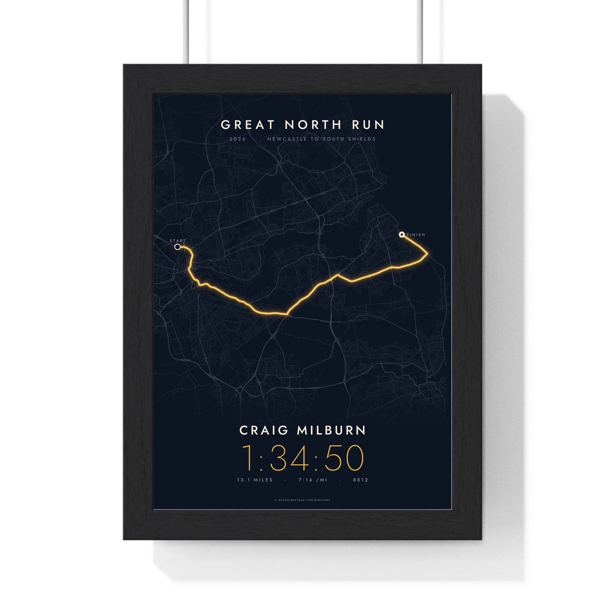 Personalised Great North Run Print - framed night style Great North Run route print