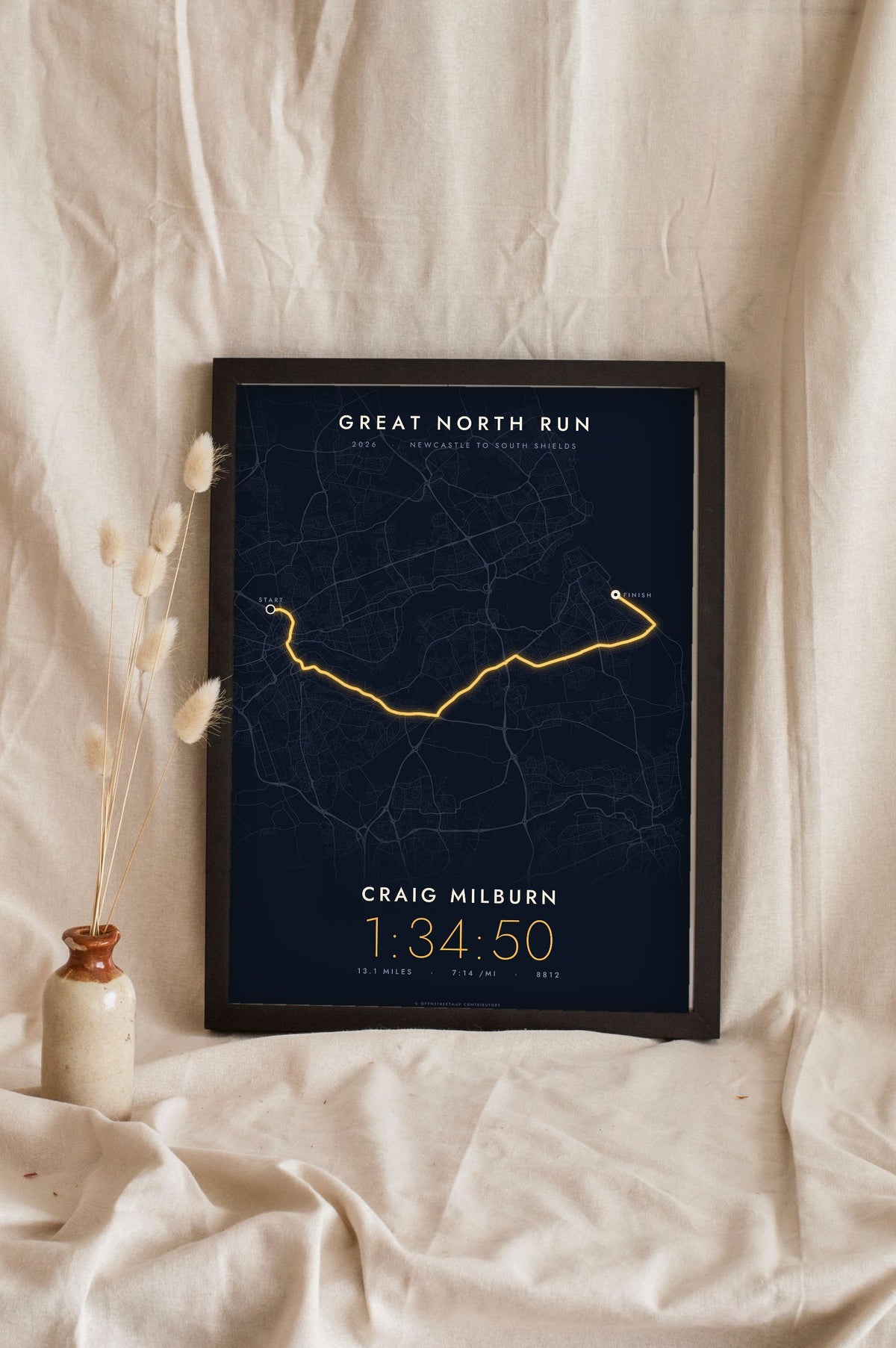 Personalised Great North Run Print - night style Great North Run print, the course glowing on a dark ground