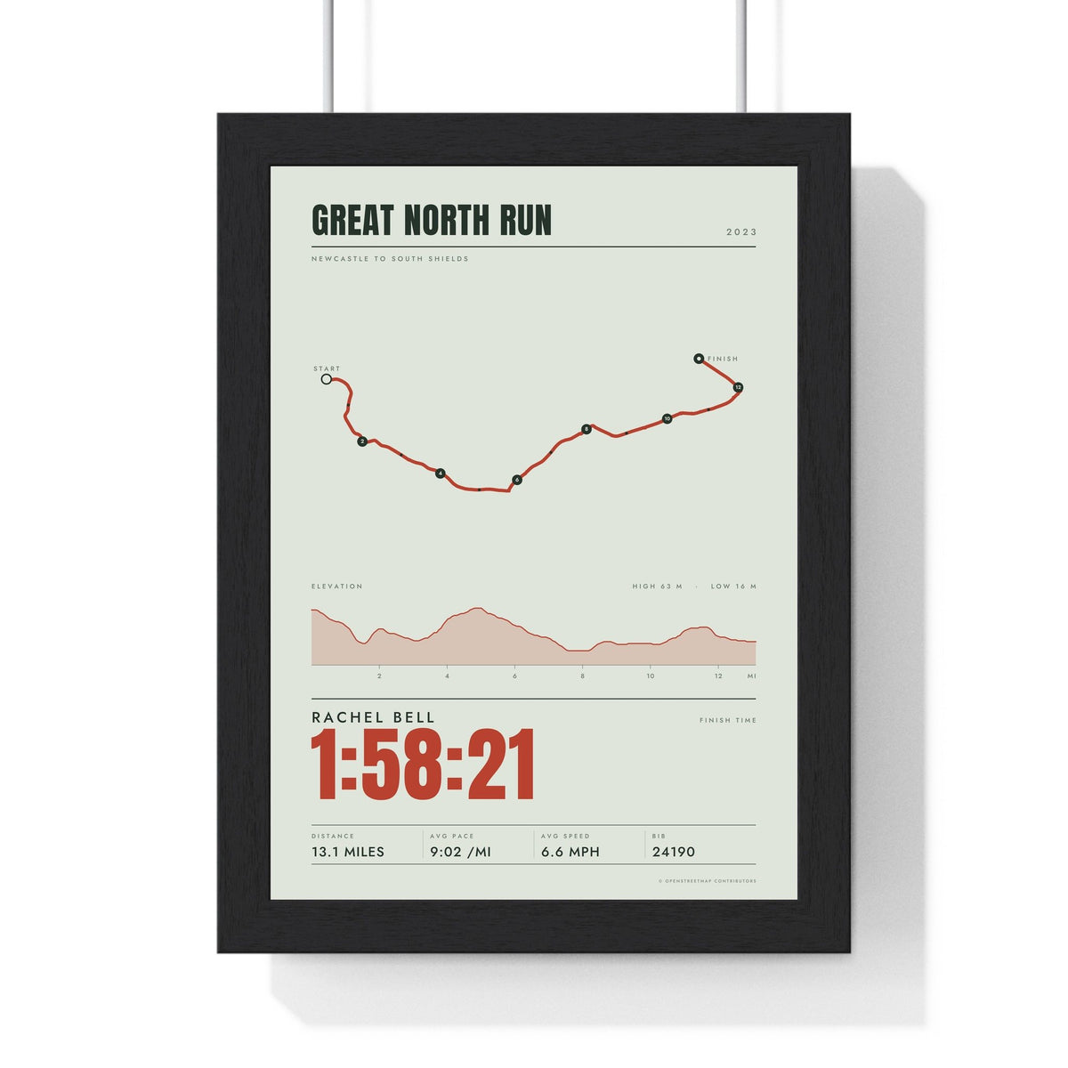 Personalised Great North Run Print - framed stats style Great North Run print with elevation profile