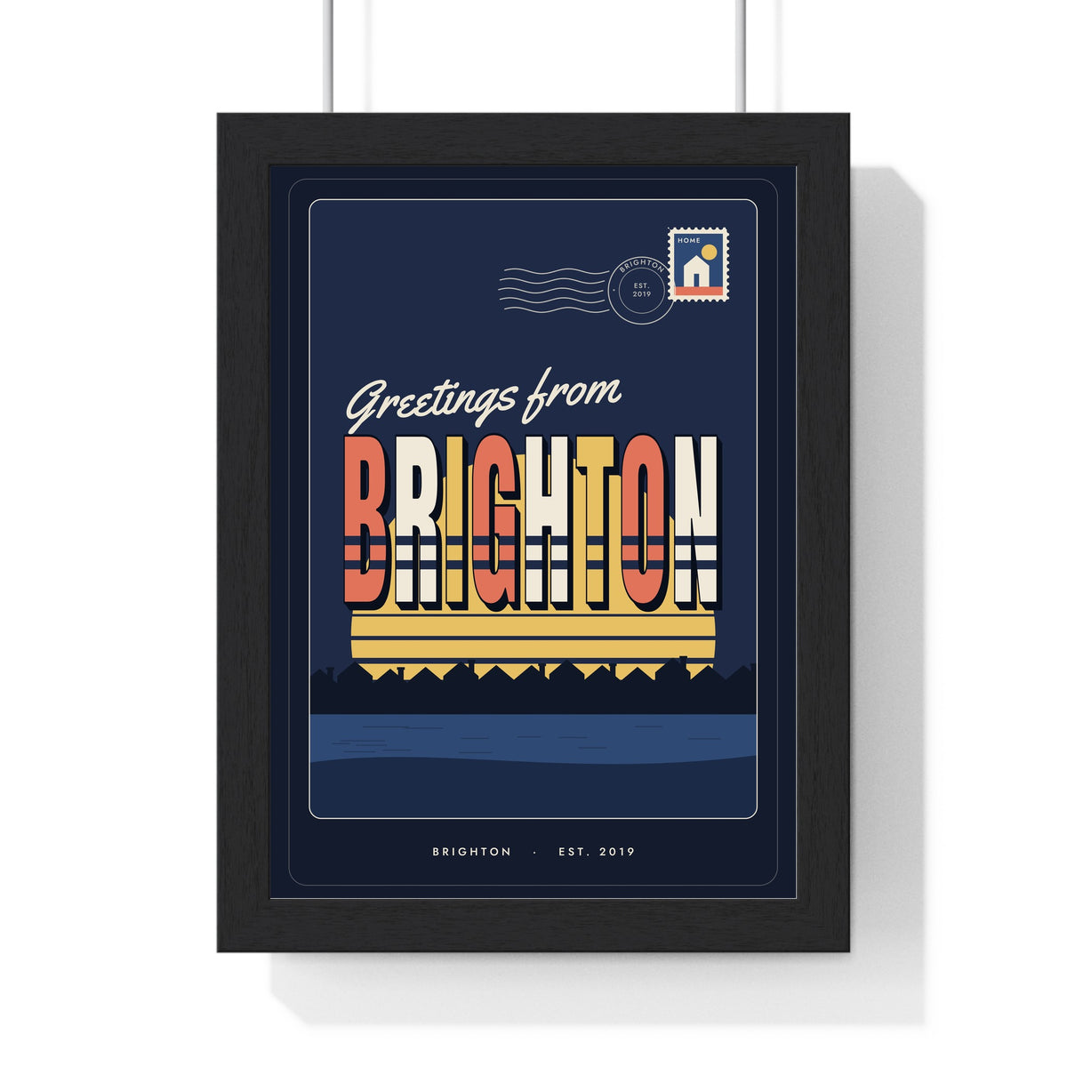 Personalised Greetings From Home Print - framed midnight navy Brighton postcard