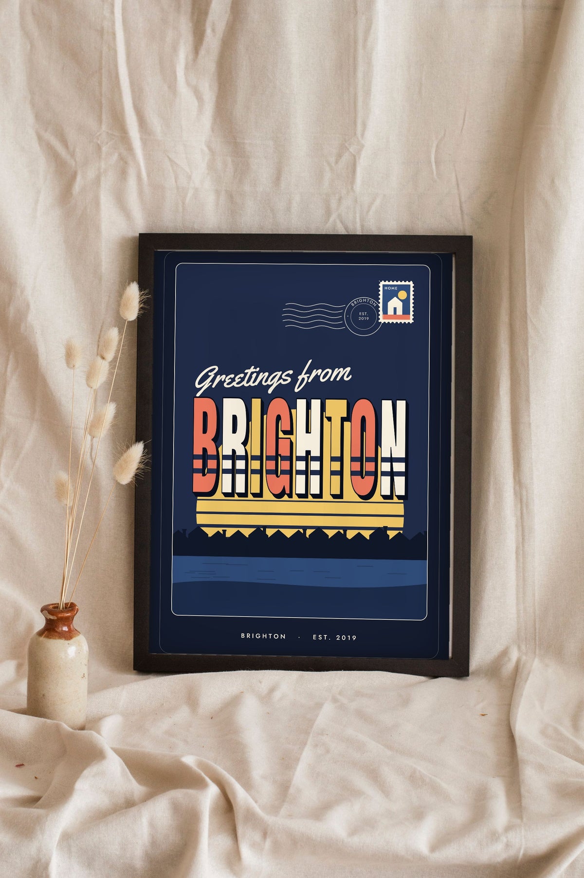 Personalised Greetings From Home Print - midnight navy Greetings from Brighton postcard