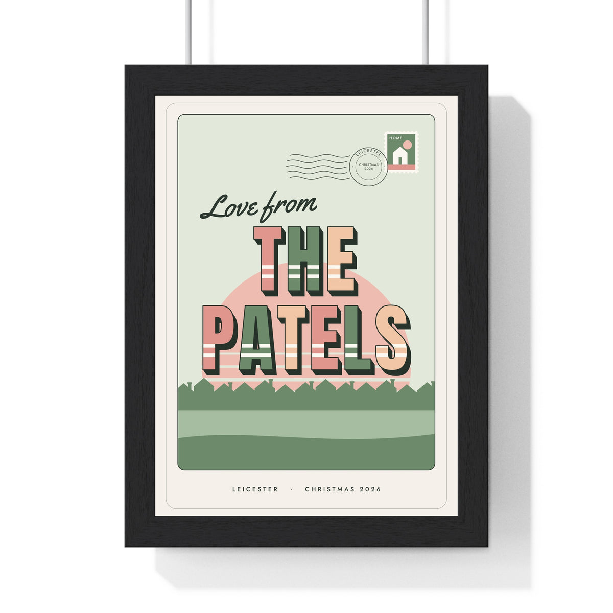 Personalised Greetings From Home Print - framed sage and pink Love from The Patels postcard