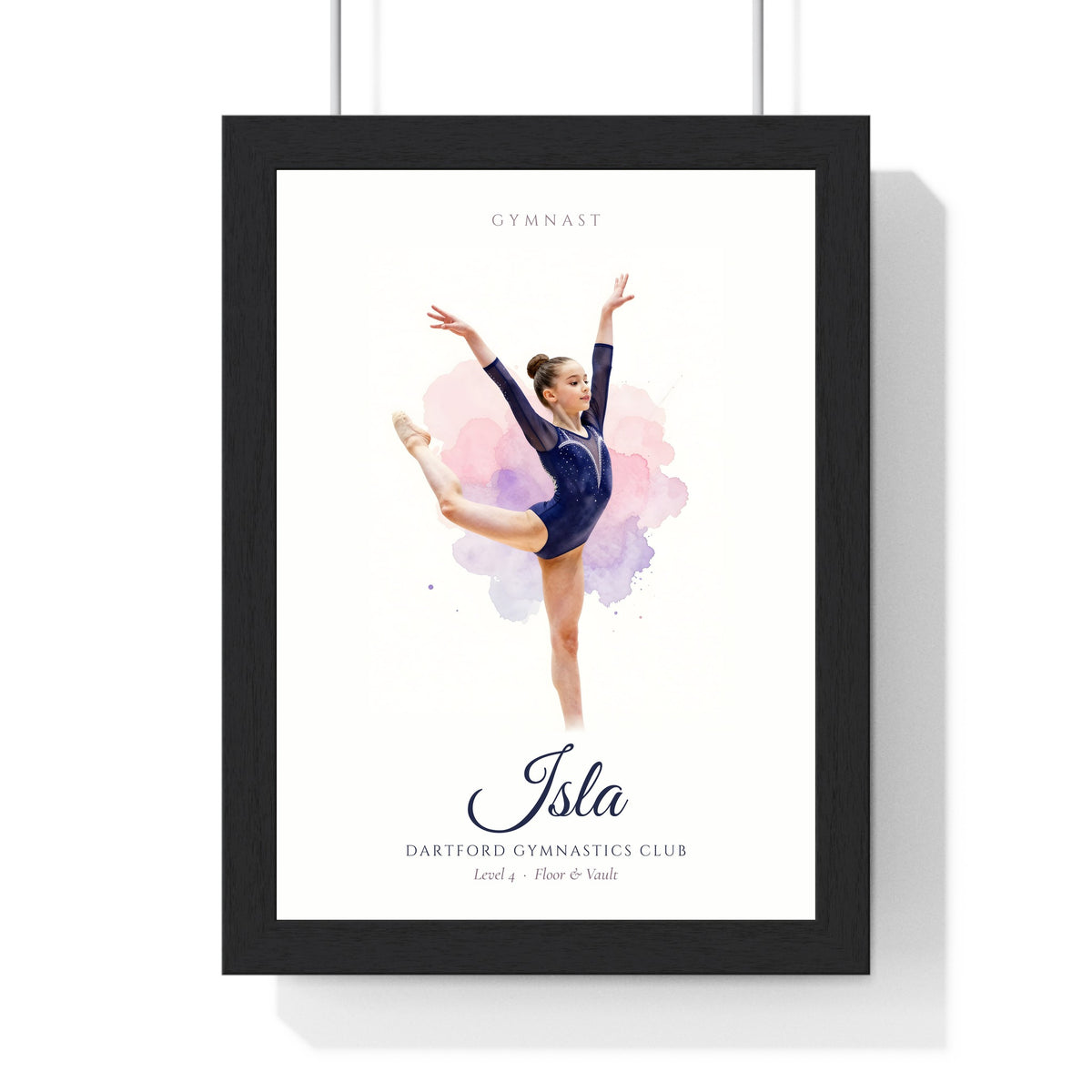 Personalised Gymnastics Print - framed watercolour gymnastics print with a standing split for Isla