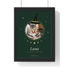 Personalised Halloween Cat Print - framed personalised witch's familiar cat print in green and gold