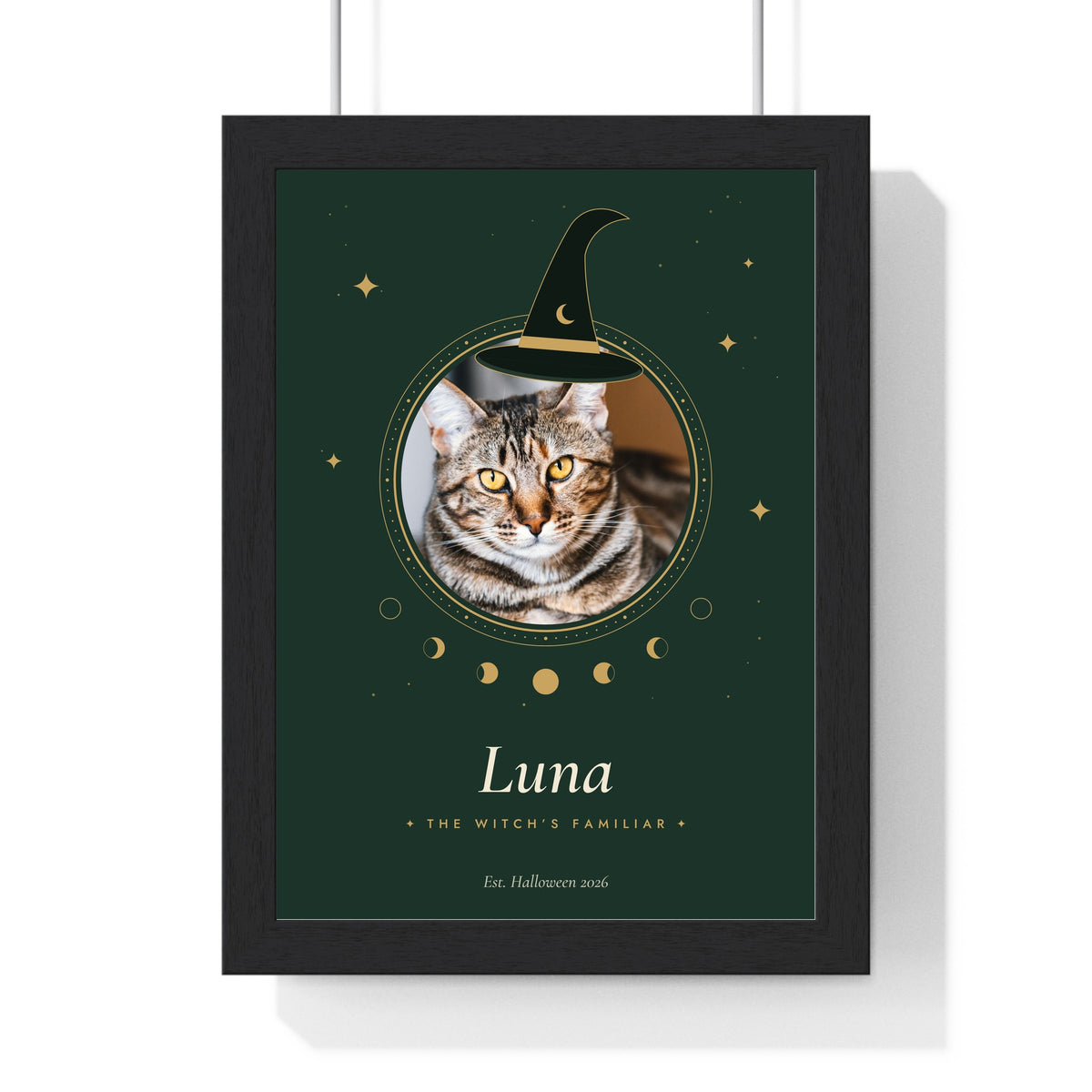Personalised Halloween Cat Print - framed personalised witch's familiar cat print in green and gold