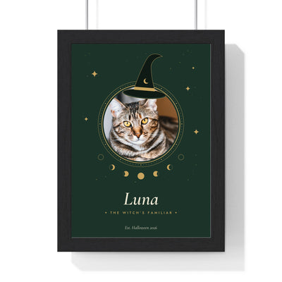 Personalised Halloween Cat Print - framed personalised witch's familiar cat print in green and gold