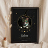 Personalised Halloween Cat Print - black and gold witch cat print leaning in a frame