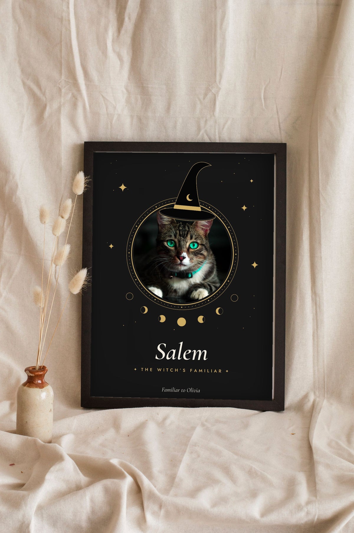 Personalised Halloween Cat Print - black and gold witch cat print leaning in a frame
