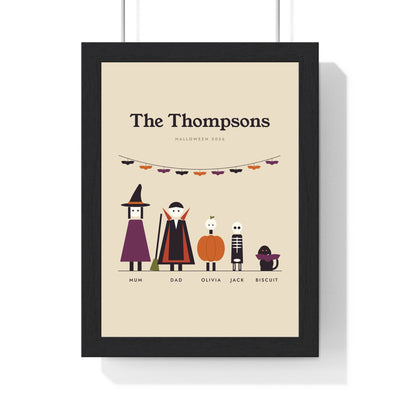 Personalised Halloween Family Portrait Print - framed oat Halloween costume family print with a witch, vampire, pumpkin, skeleton and dog