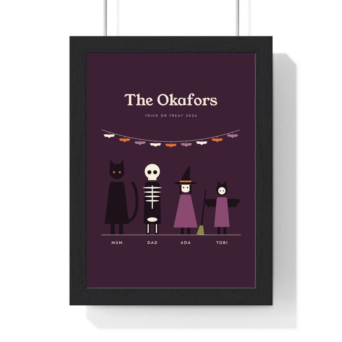 Personalised Halloween Family Portrait Print - framed plum costume family