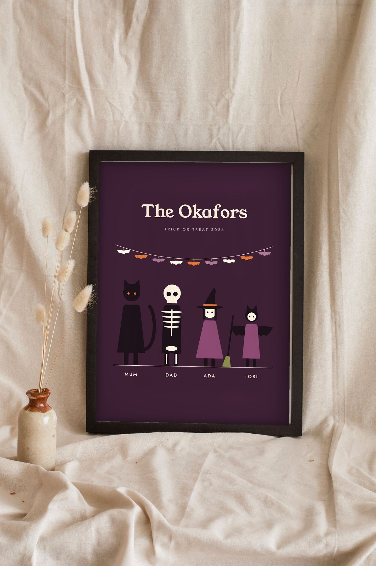 Personalised Halloween Family Portrait Print - dark plum version for a family of four