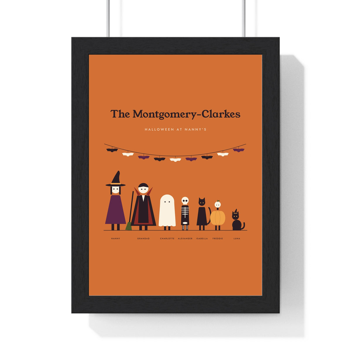 Personalised Halloween Family Portrait Print - burnt orange version with seven costumes