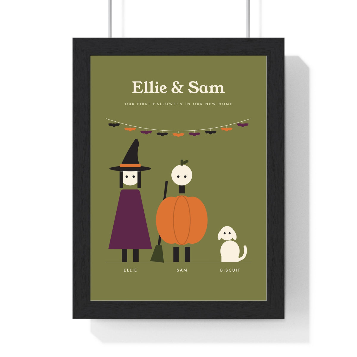 Personalised Halloween Family Portrait Print - olive version for a couple and their dog