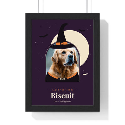 Personalised Halloween Pet Portrait Print - framed personalised Halloween dog portrait with witch hat