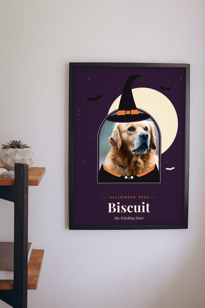 Personalised Halloween Pet Portrait Print - Halloween witch dog print on a living room wall