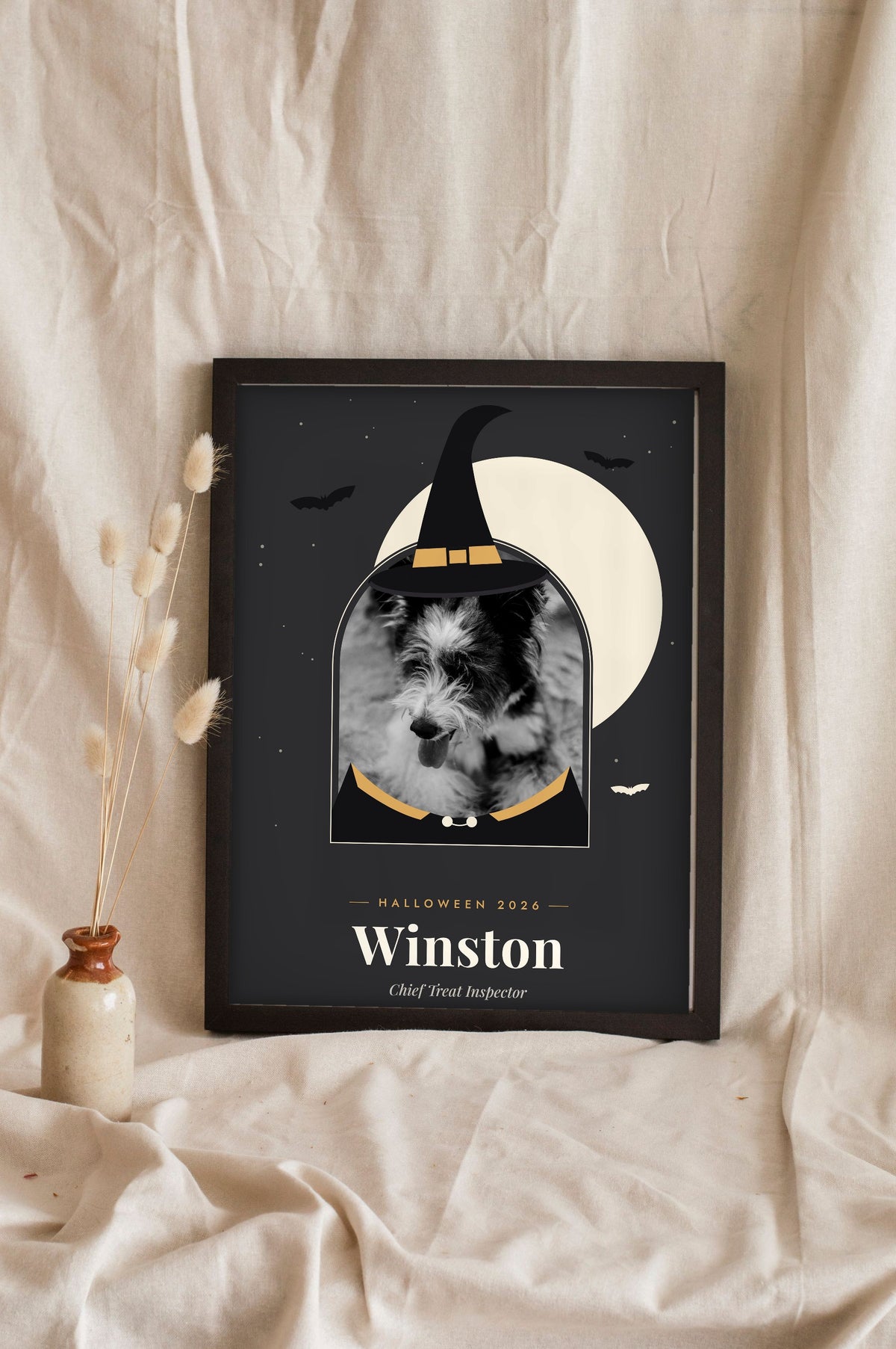 Personalised Halloween Pet Portrait Print - black and white witch dog portrait leaning in a frame