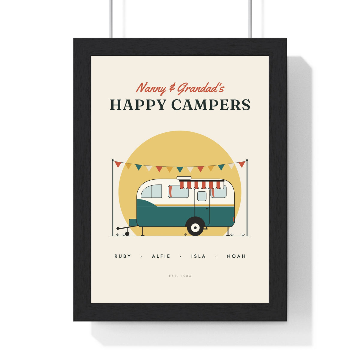 Personalised Happy Campers Caravan Print - framed teal Happy Campers caravan print for Nanny and Grandad