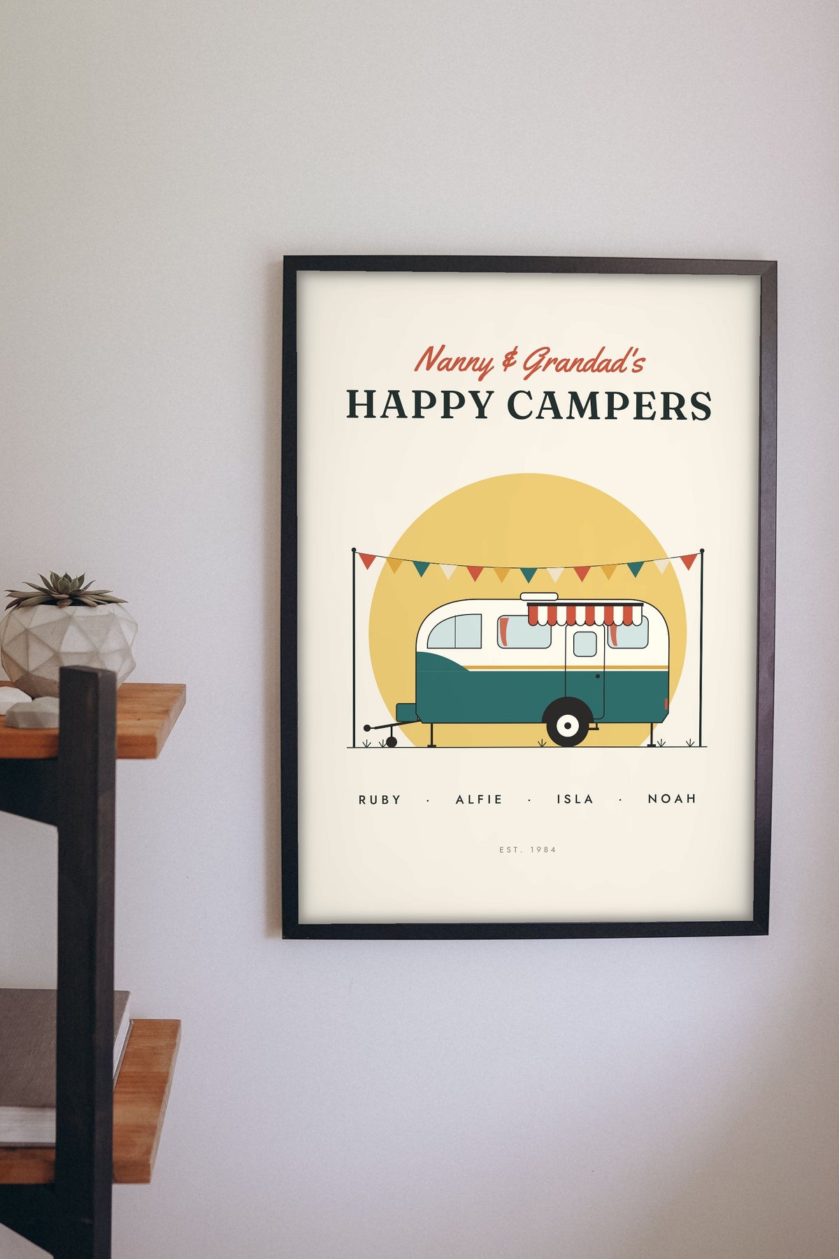 Personalised Happy Campers Caravan Print - on the living room wall