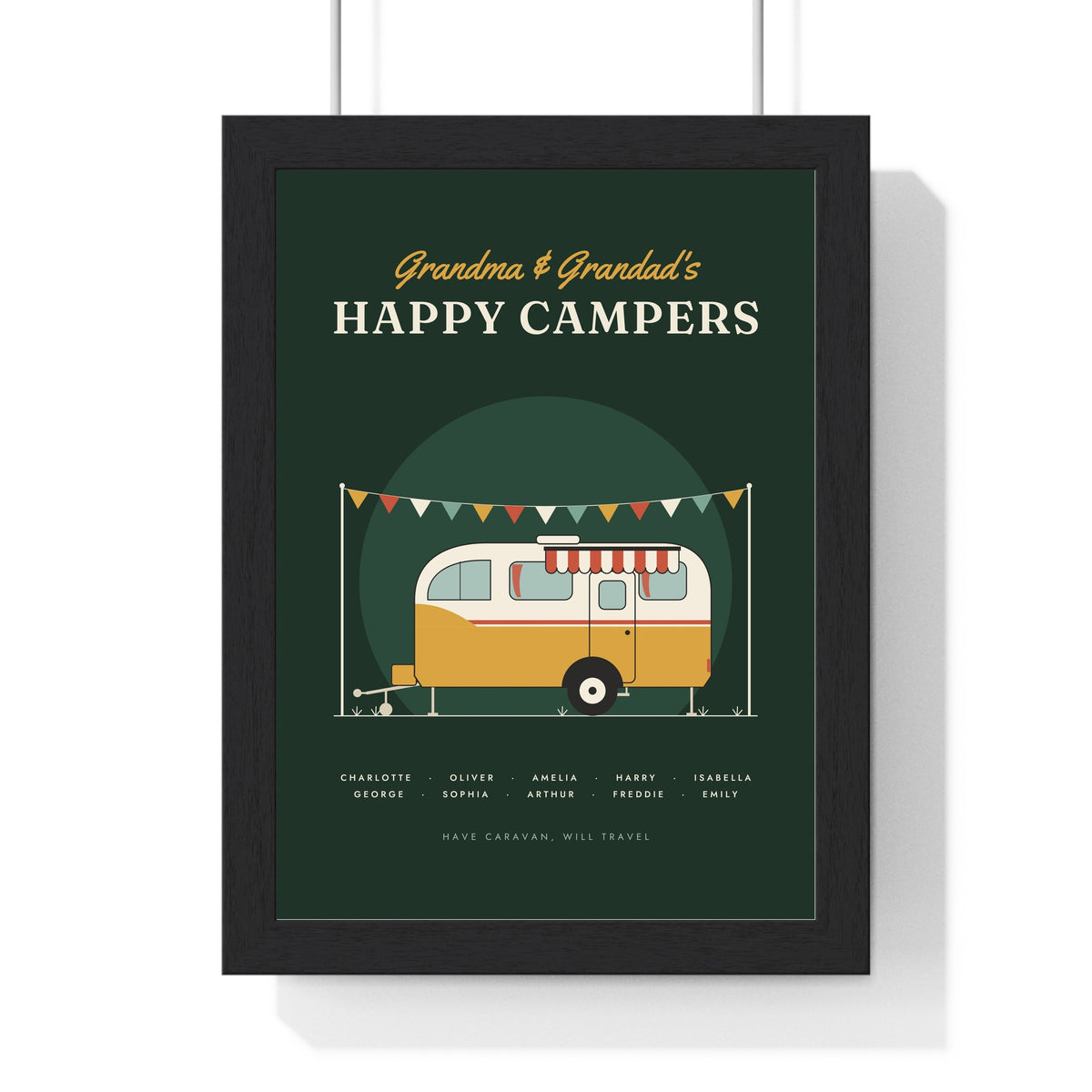 Personalised Happy Campers Caravan Print - framed forest green caravan version