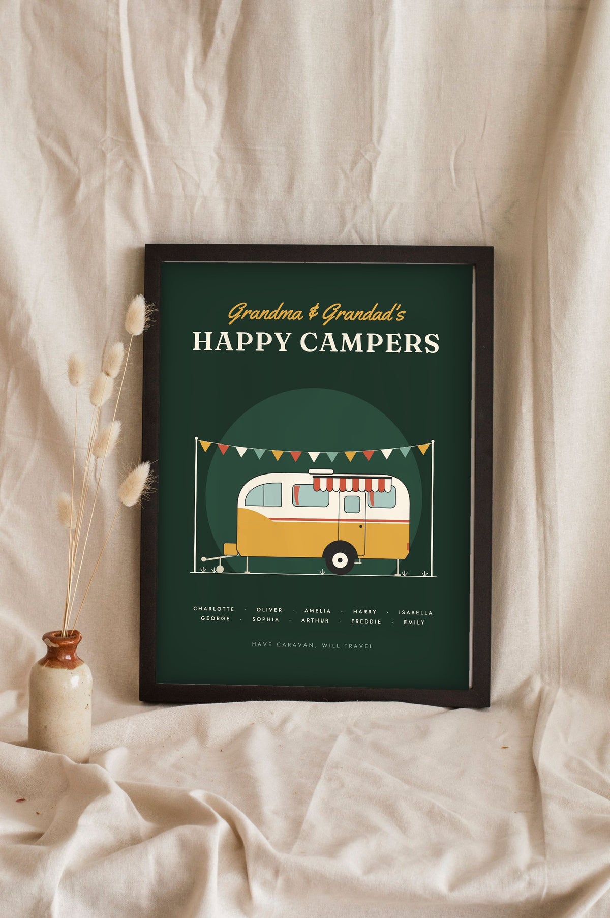 Personalised Happy Campers Caravan Print - forest green version with ten grandchildren