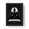 Personalised Haunted House Family Name Print - framed black version with three lit windows