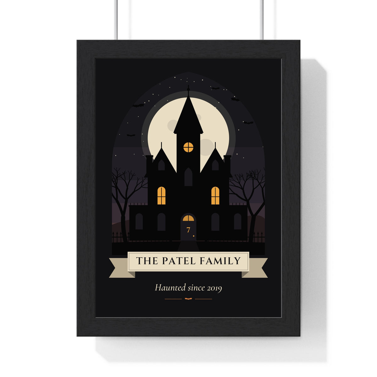 Personalised Haunted House Family Name Print - framed black version with three lit windows
