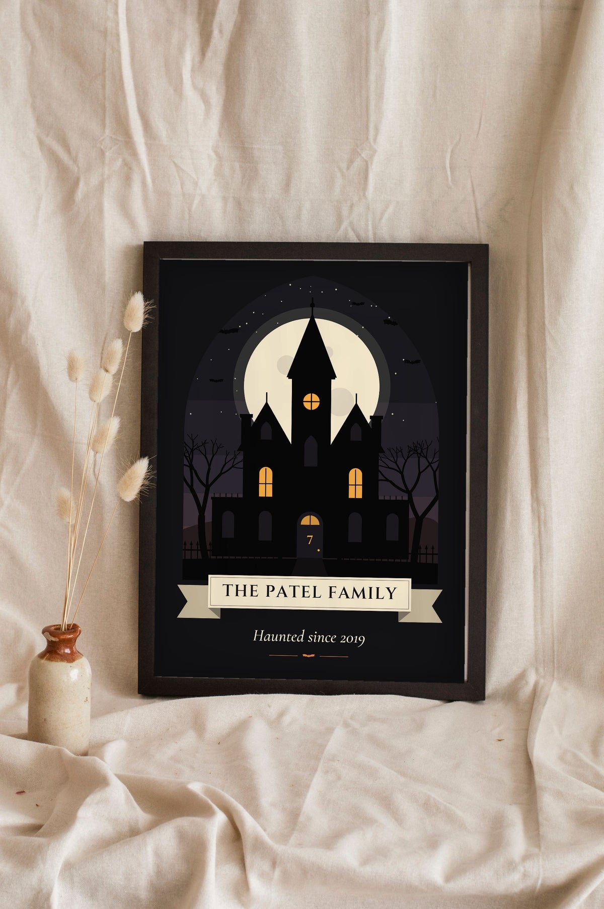 Personalised Haunted House Family Name Print - black haunted house print for The Patel Family