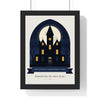 Personalised Haunted House Family Name Print - framed midnight blue version with eight lit windows