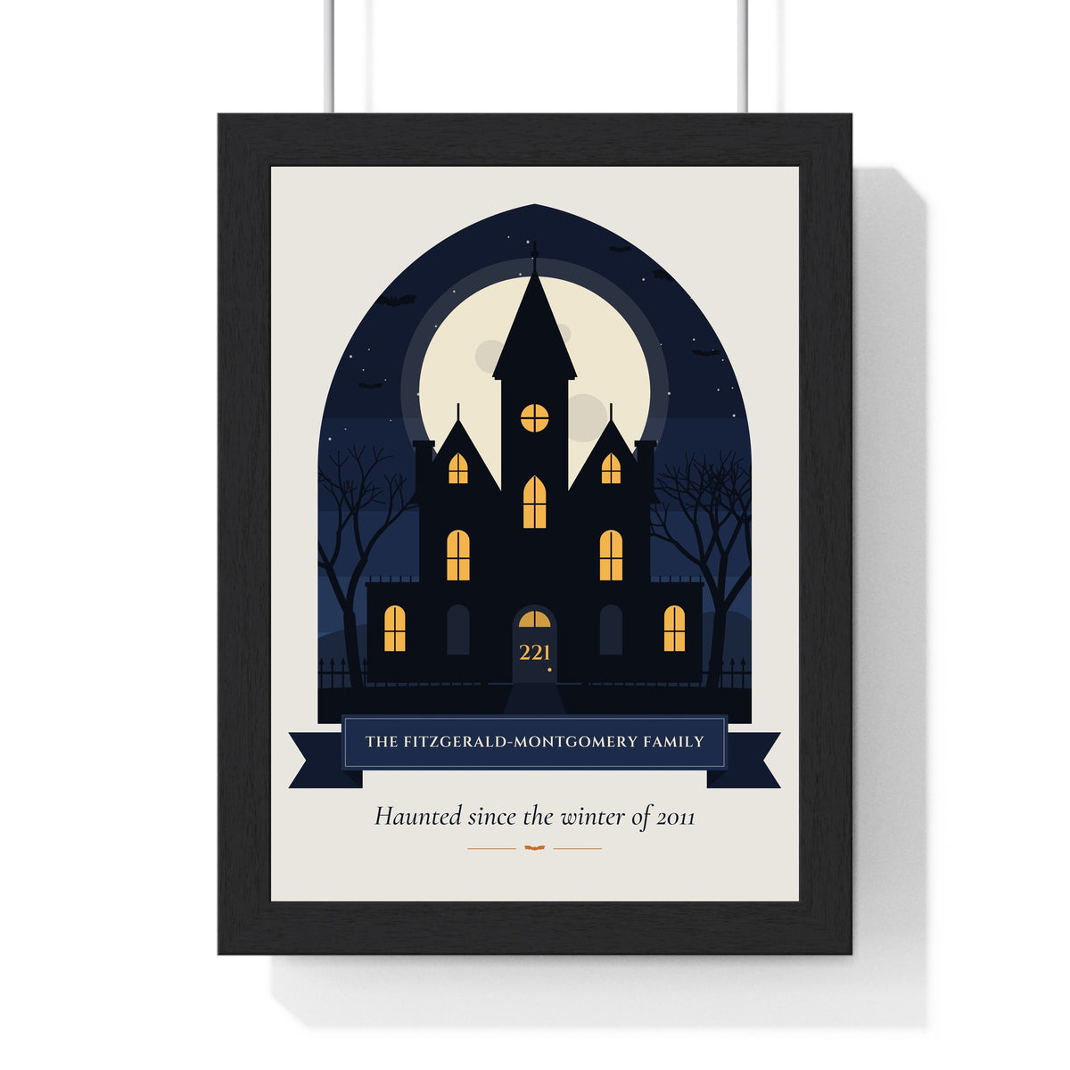 Personalised Haunted House Family Name Print - framed midnight blue version with eight lit windows