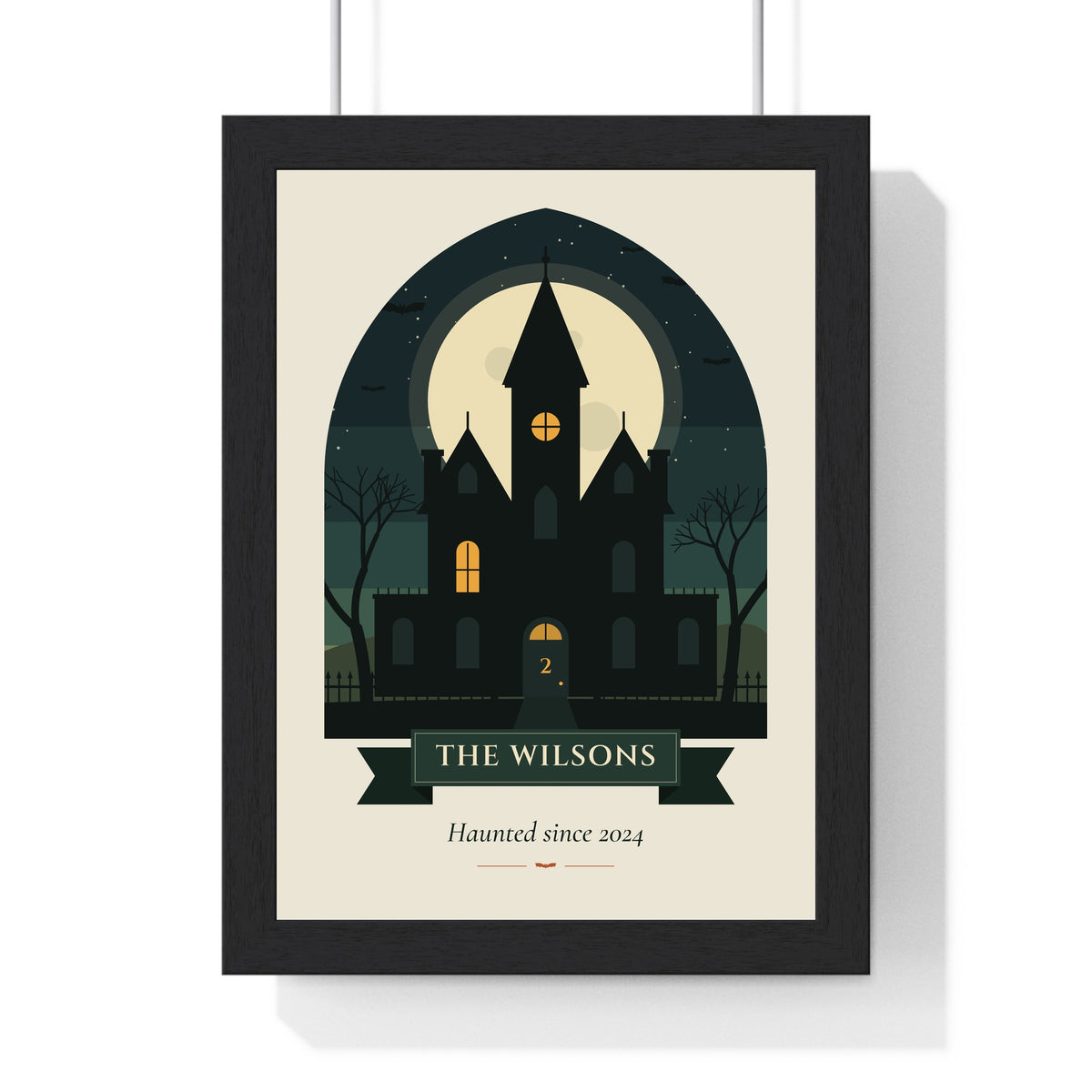 Personalised Haunted House Family Name Print - framed moss green version for The Wilsons