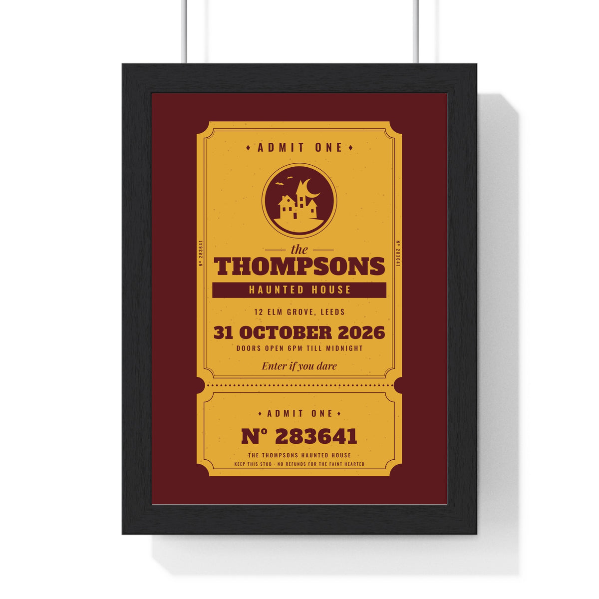 Personalised Haunted House Ticket Print - framed personalised haunted house ticket print for the Thompsons
